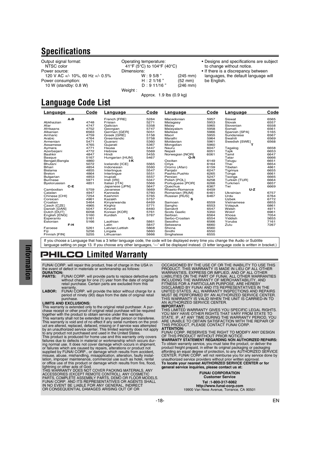 Philco Crafts PVD1000 Specifications, Language Code List, Limited Warranty, Output signal format Operating temperature 