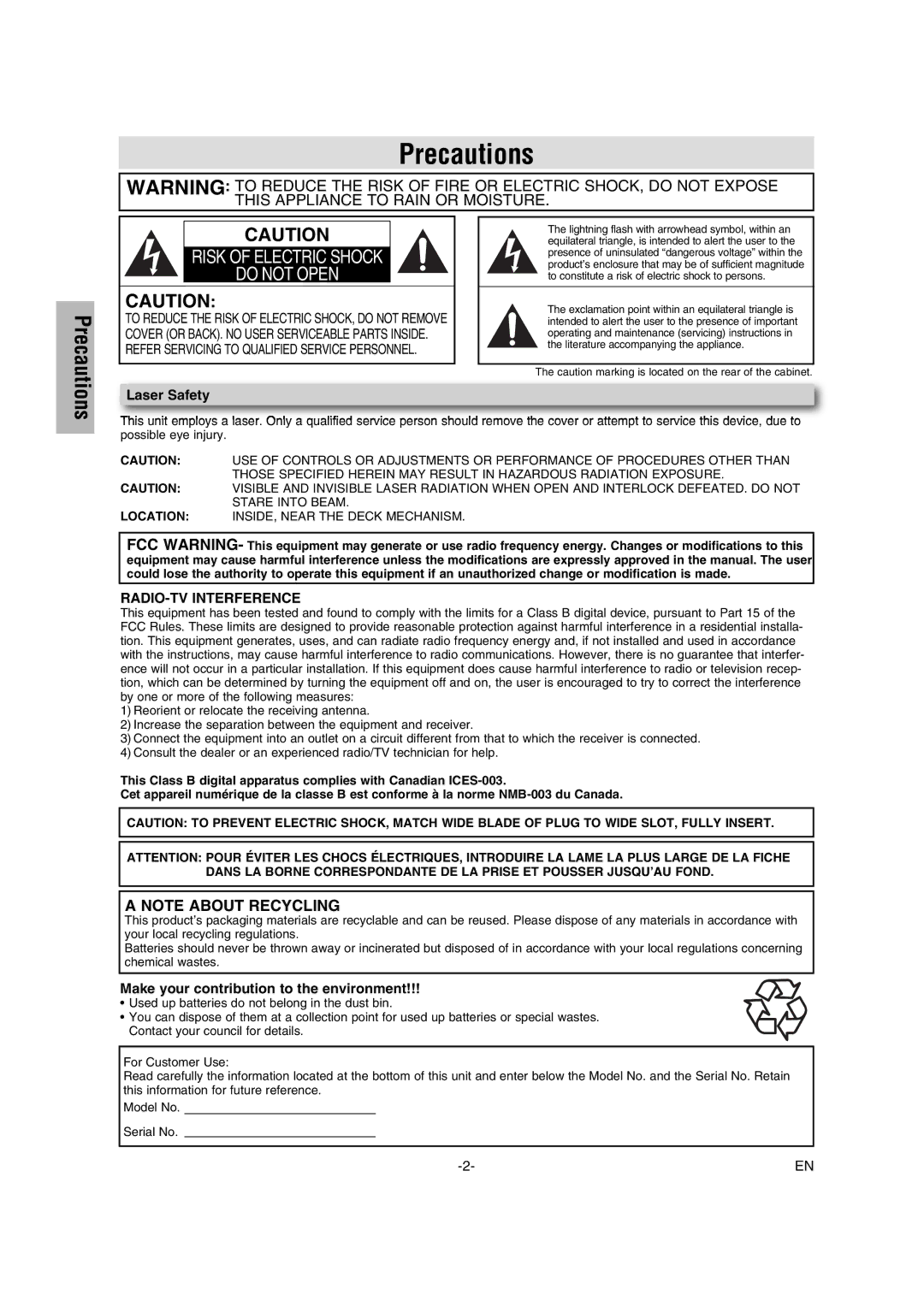 Philco Crafts PVD1000 manual Precautions, Laser Safety, Make your contribution to the environment 