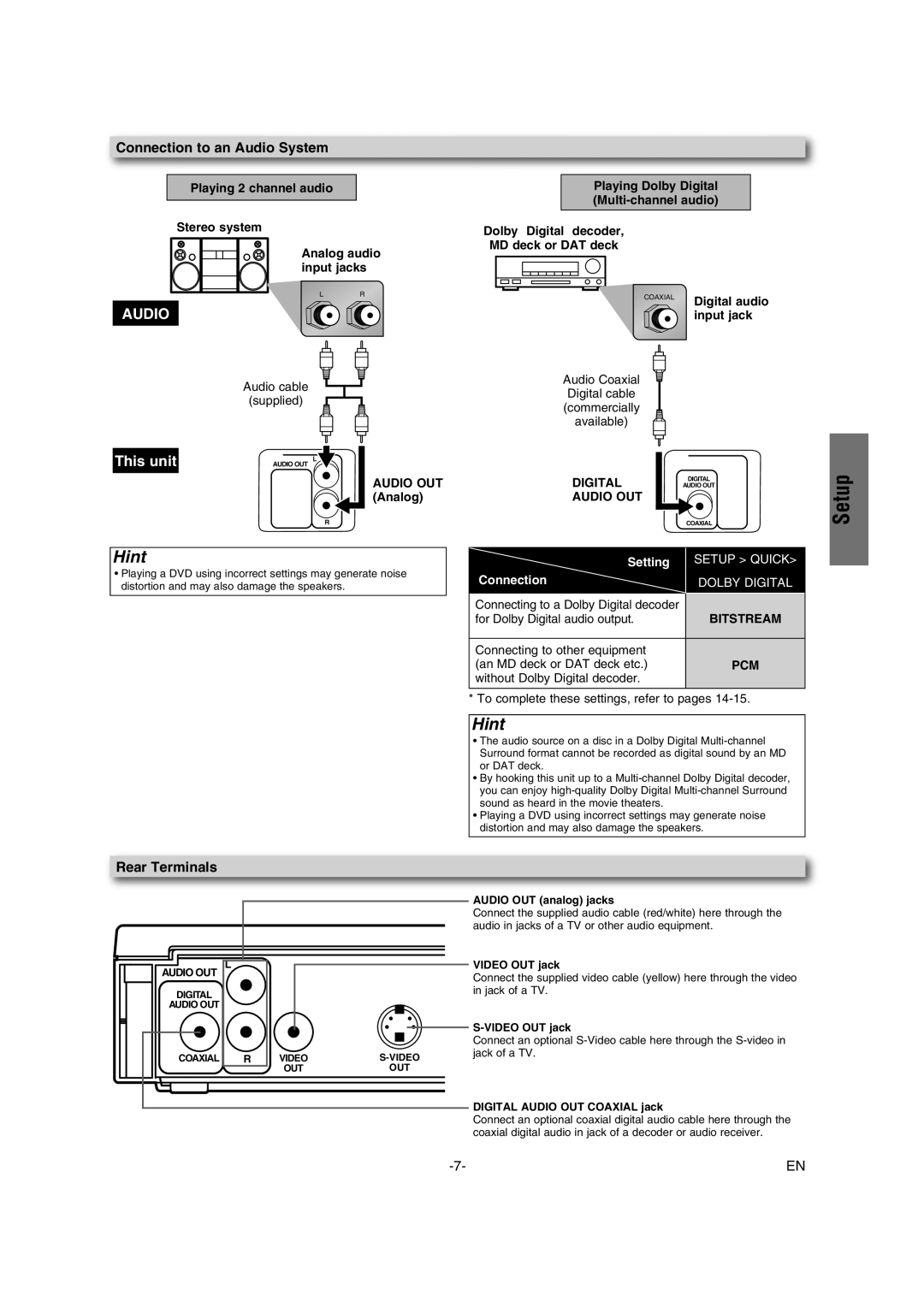 Philco Crafts PVD1000 manual Connection to an Audio System, Rear Terminals 