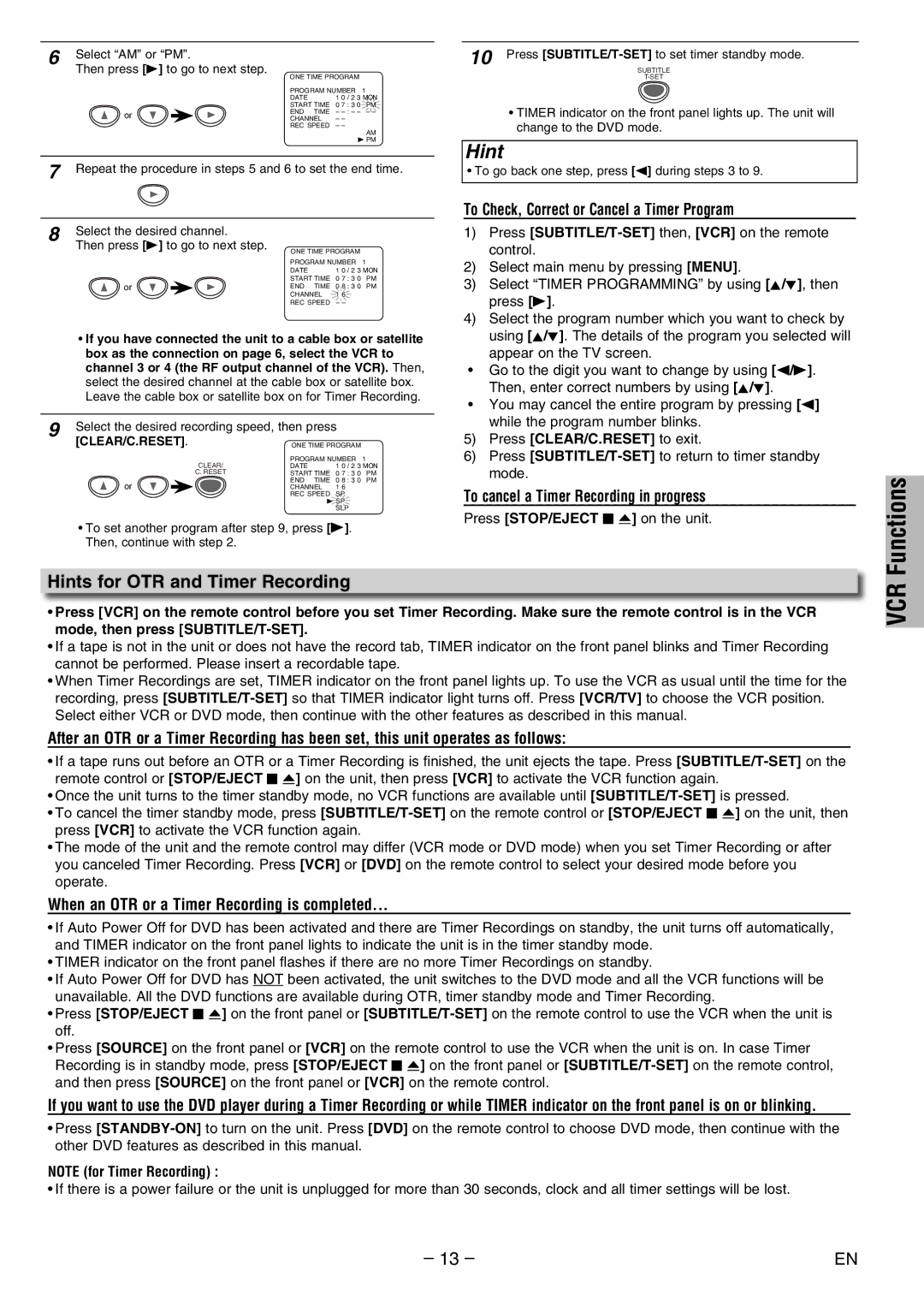 Philco PVD2000 manual Functions, Hints for OTR and Timer Recording, To Check, Correct or Cancel a Timer Program 