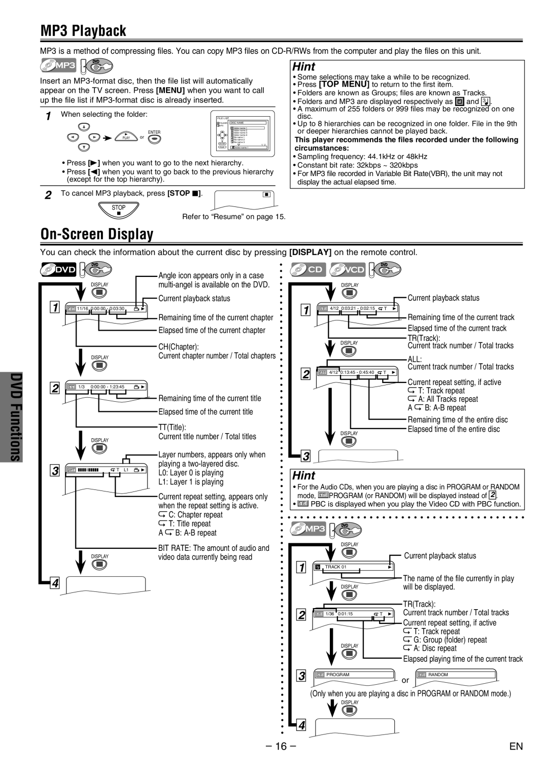 Philco PVD2000 manual MP3 Playback, On-Screen Display 