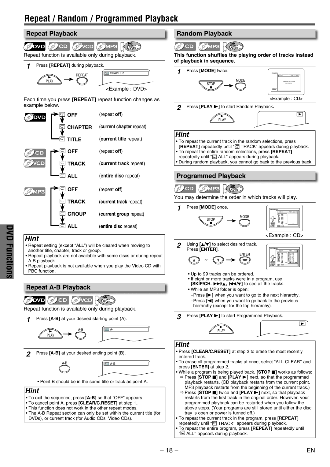 Philco PVD2000 Repeat / Random / Programmed Playback DVD Functions, Repeat Playback, Repeat A-B Playback, Random Playback 