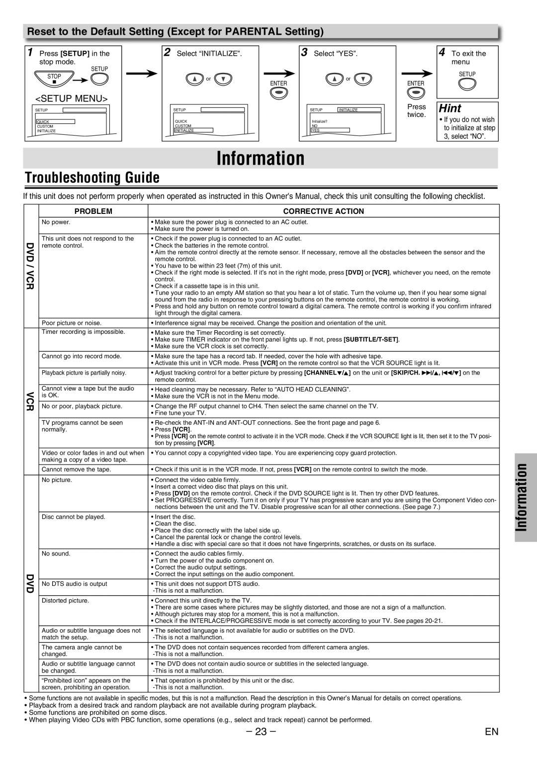 Philco PVD2000 manual Information, Troubleshooting Guide, Reset to the Default Setting Except for Parental Setting 