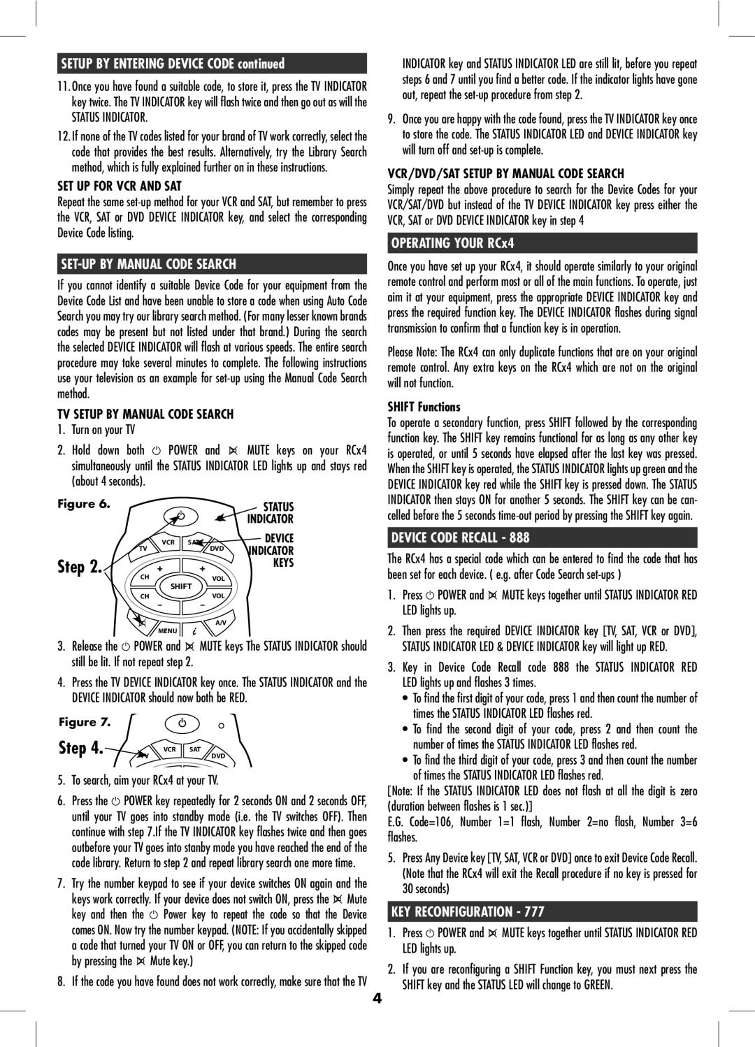 Philex RC026SP manual Setup by Entering Device Code, SET-UP by Manual Code Search, Operating Your RCx4, Device Code Recall 