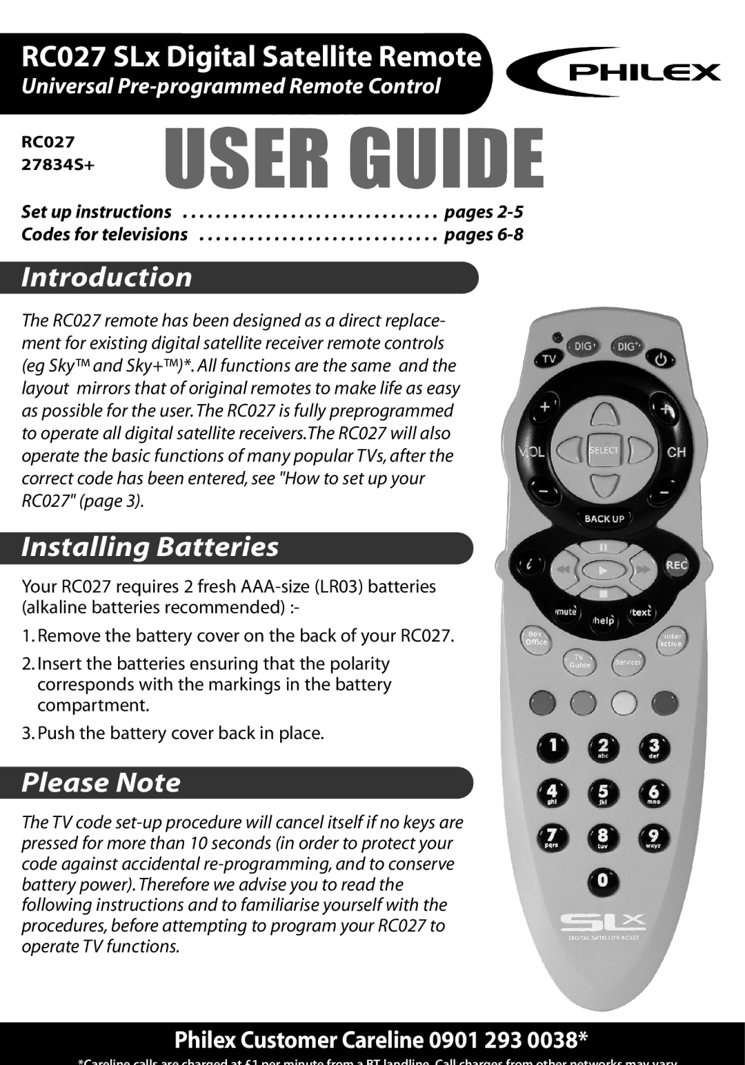 Philex RC027 SLX manual User Guide, Universal Pre-programmed Remote Control 