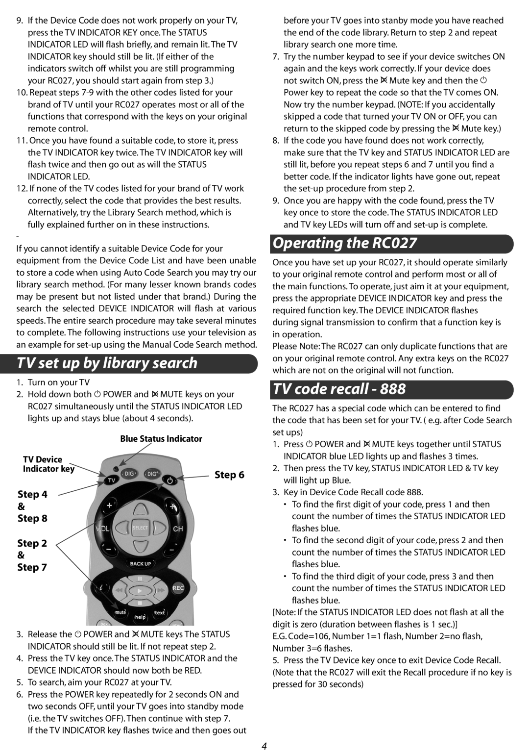 Philex RC027 SLX manual TV set up by library search, Operating the RC027, TV code recall, Turn on your TV 