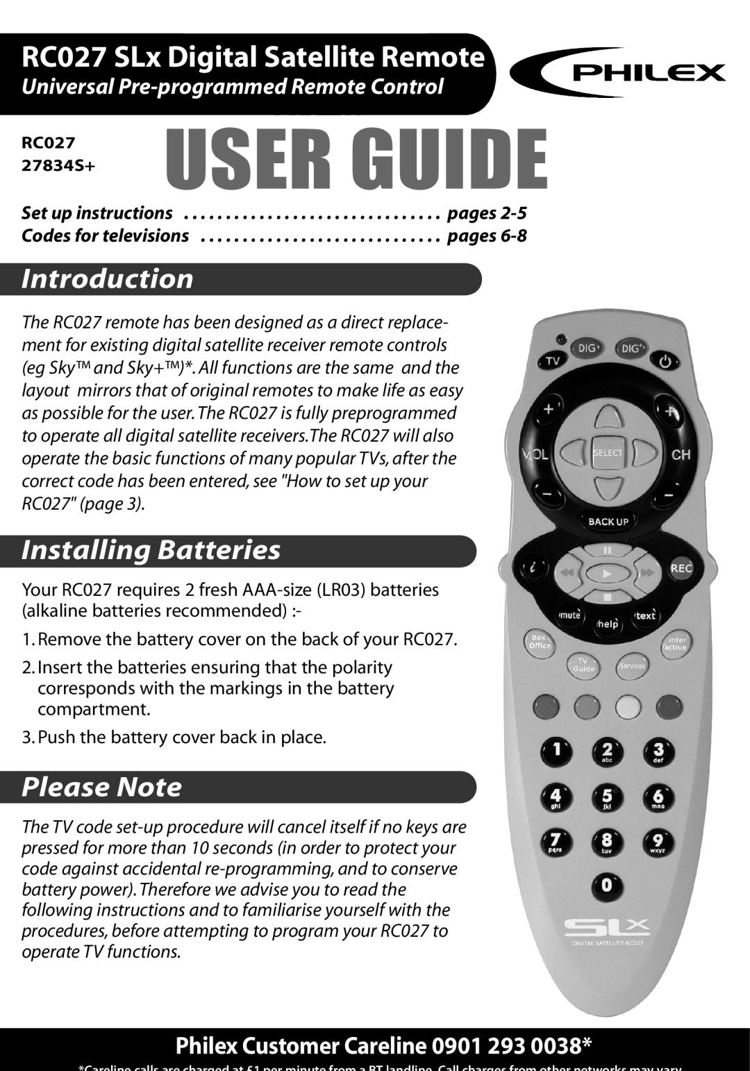 Philex RC027 SLX manual Philex Customer Careline 0901 293, Universal Pre-programmed Remote Control, User Guide, pages 