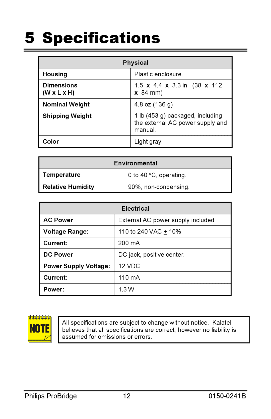 Philips 0150-0241B user manual Specifications, Power 