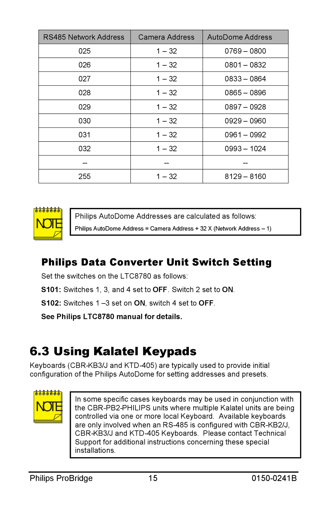 Philips 0150-0241B user manual Using Kalatel Keypads, Philips Data Converter Unit Switch Setting 