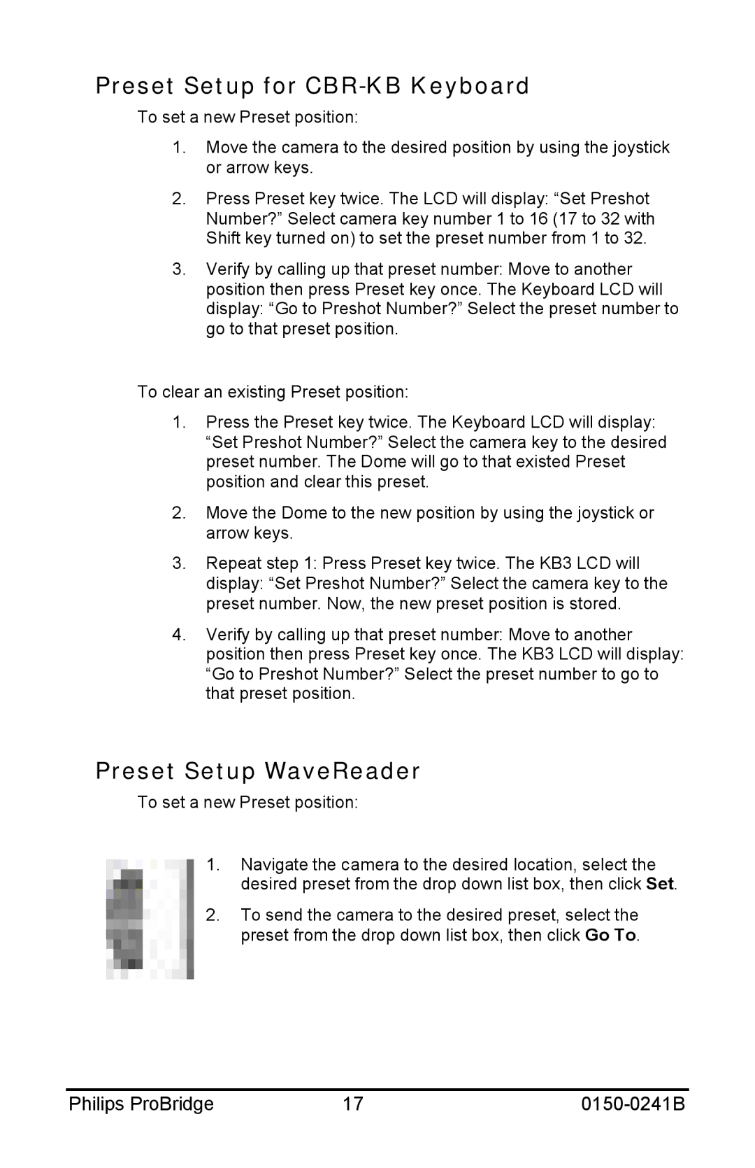 Philips 0150-0241B user manual Preset Setup for CBR-KB Keyboard, Preset Setup WaveReader 