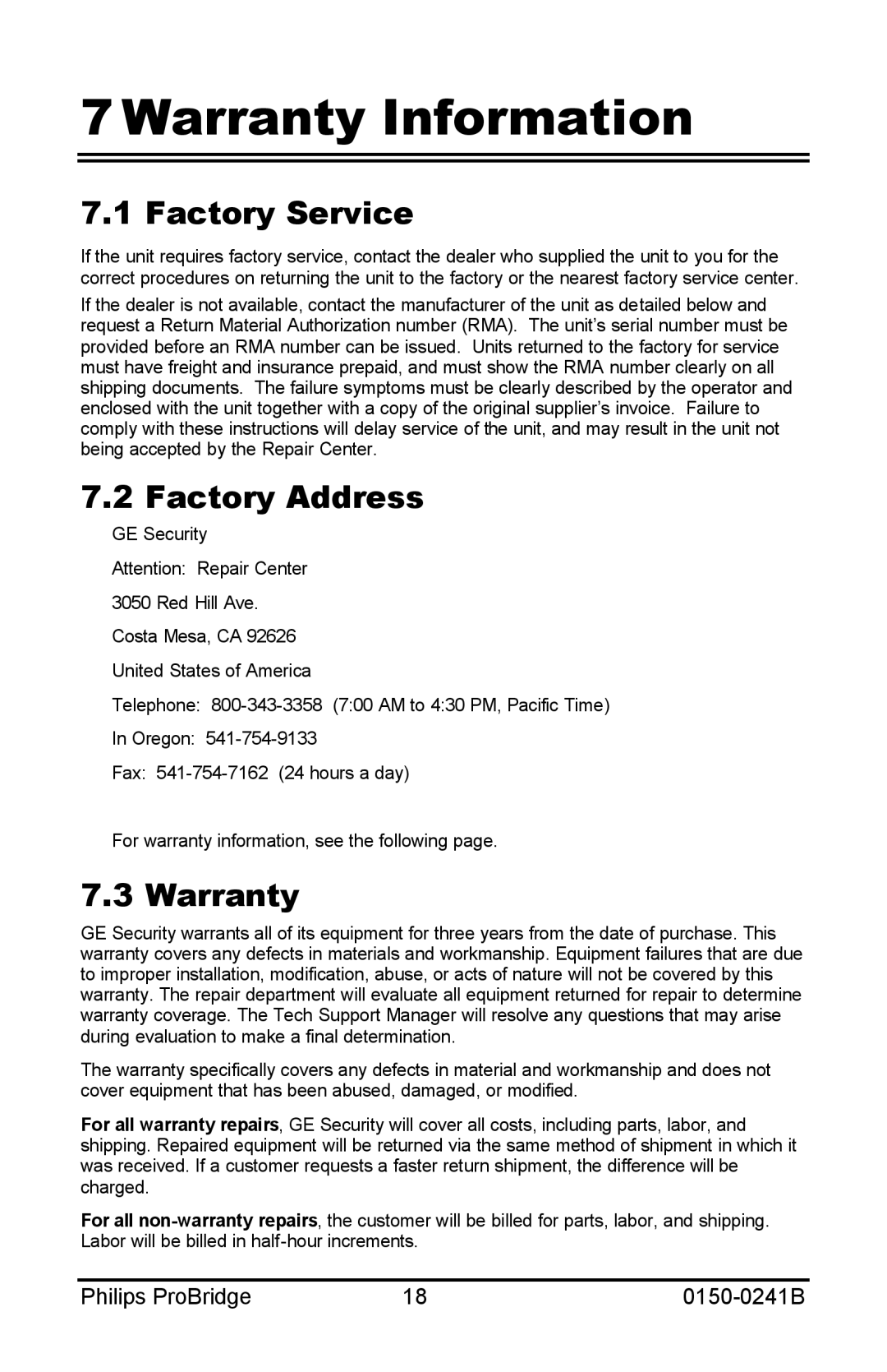 Philips 0150-0241B user manual Warranty Information, Factory Service, Factory Address 