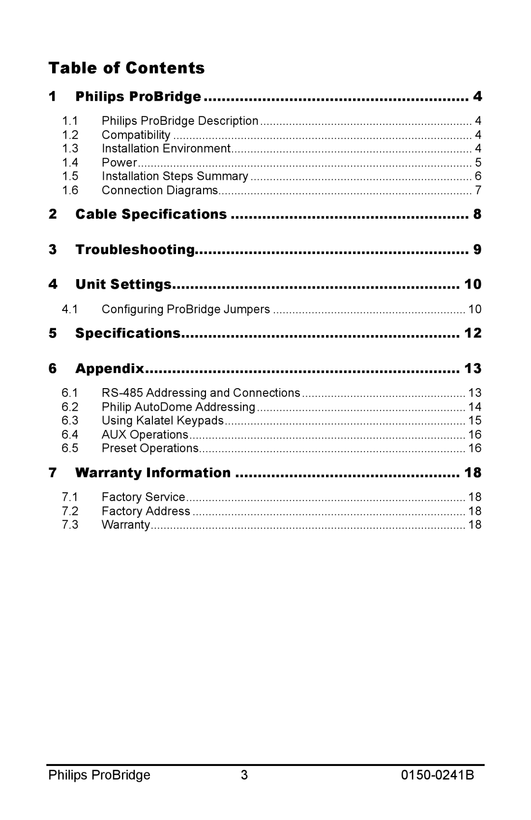 Philips 0150-0241B user manual Table of Contents 