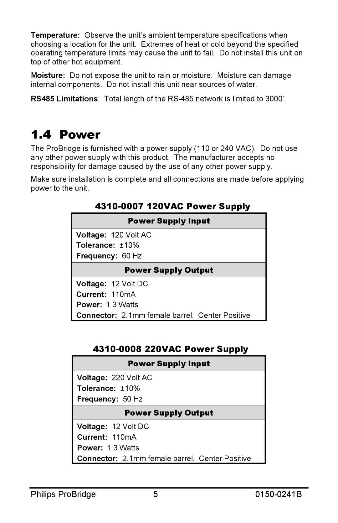 Philips 0150-0241B user manual 4310-0007 120VAC Power Supply 