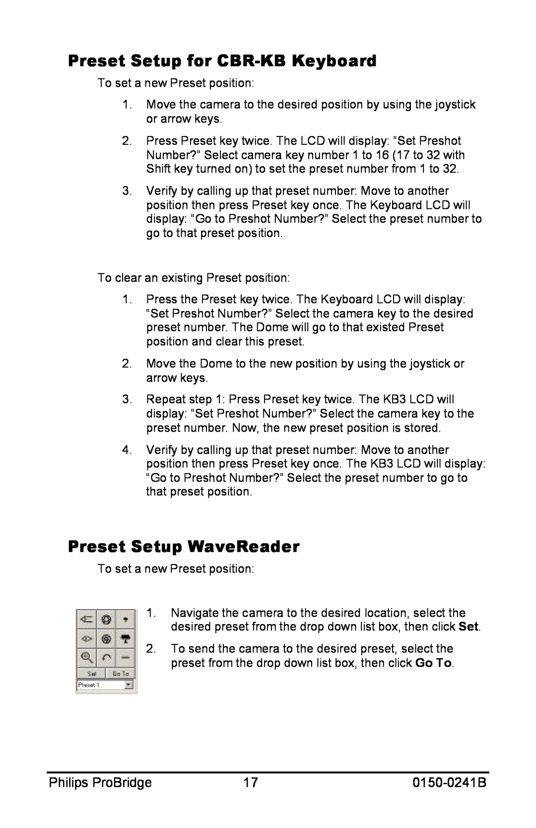Philips 0150-0241B user manual Preset Setup for CBR-KBKeyboard, Preset Setup WaveReader, Philips ProBridge 