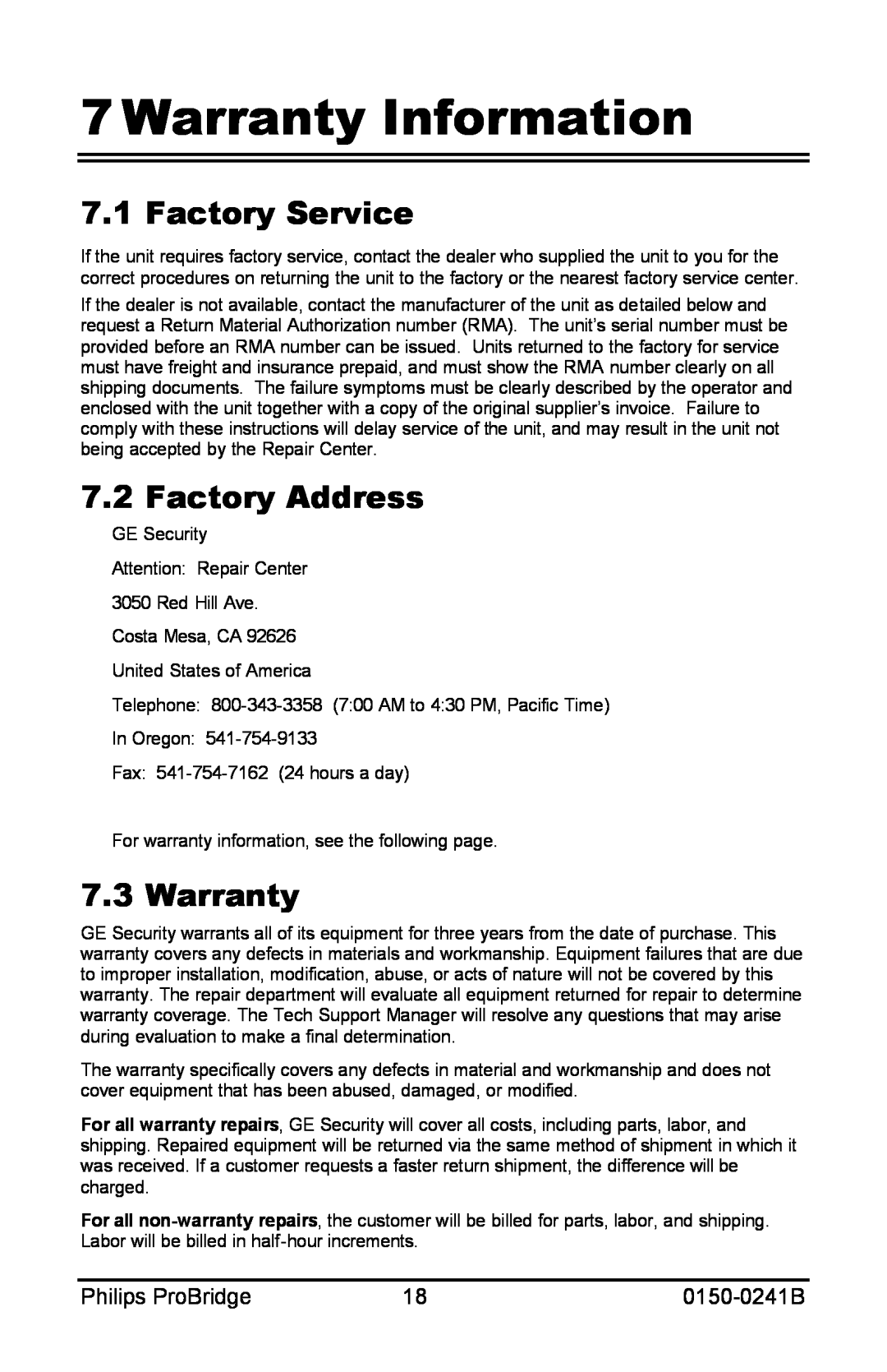 Philips 0150-0241B user manual Warranty Information, Factory Service, Factory Address, Philips ProBridge 