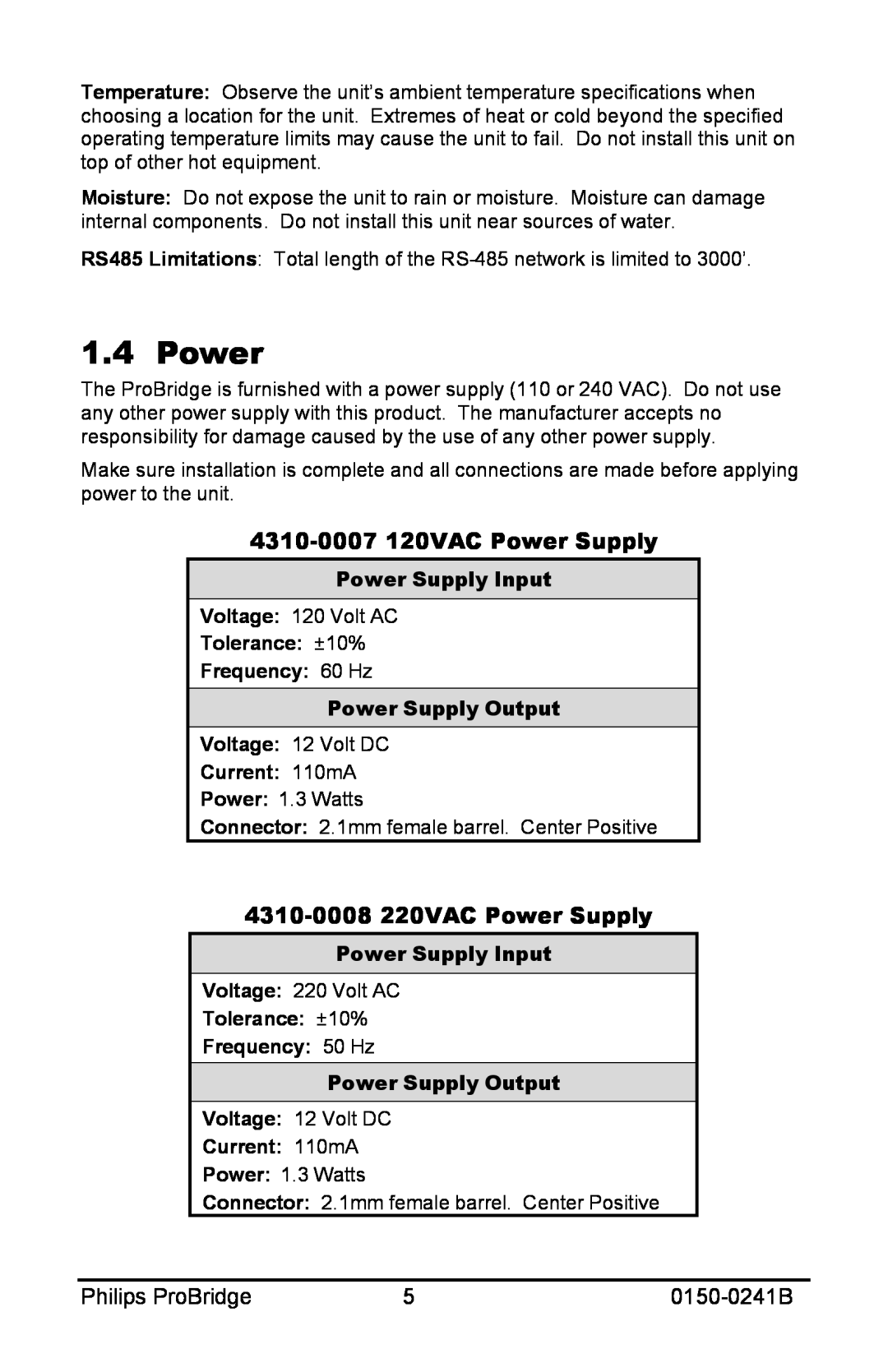 Philips 0150-0241B user manual 4310-0007120VAC Power Supply, 4310-0008220VAC Power Supply, Philips ProBridge 