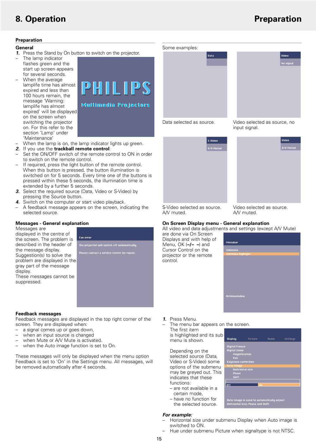 Philips 1 manual Operation Preparation, For example 