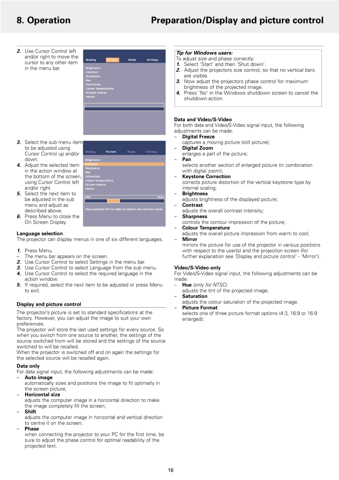 Philips 1 manual Operation Preparation/Display and picture control, Tip for Windows users 