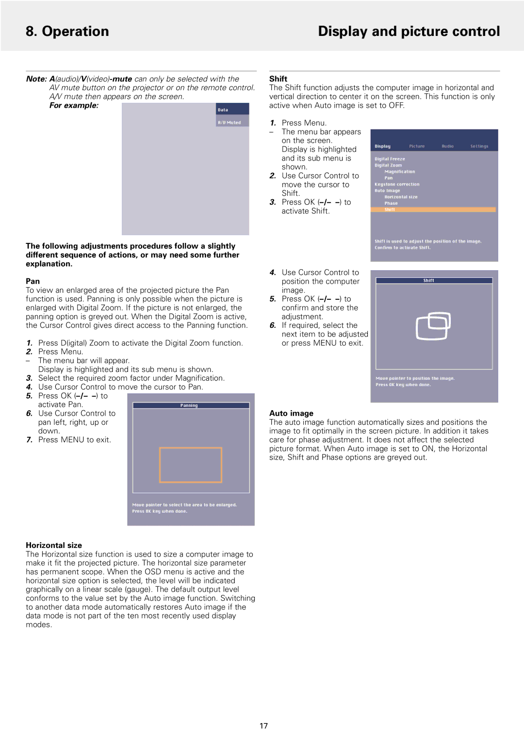 Philips 1 manual Operation Display and picture control, Activate Pan 