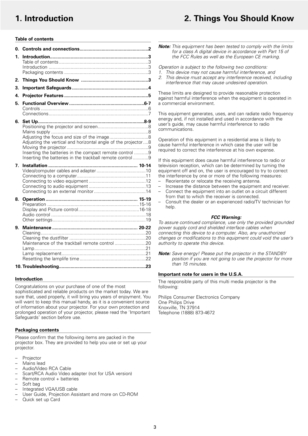 Philips 1 manual Introduction Things You Should Know, FCC Warning 