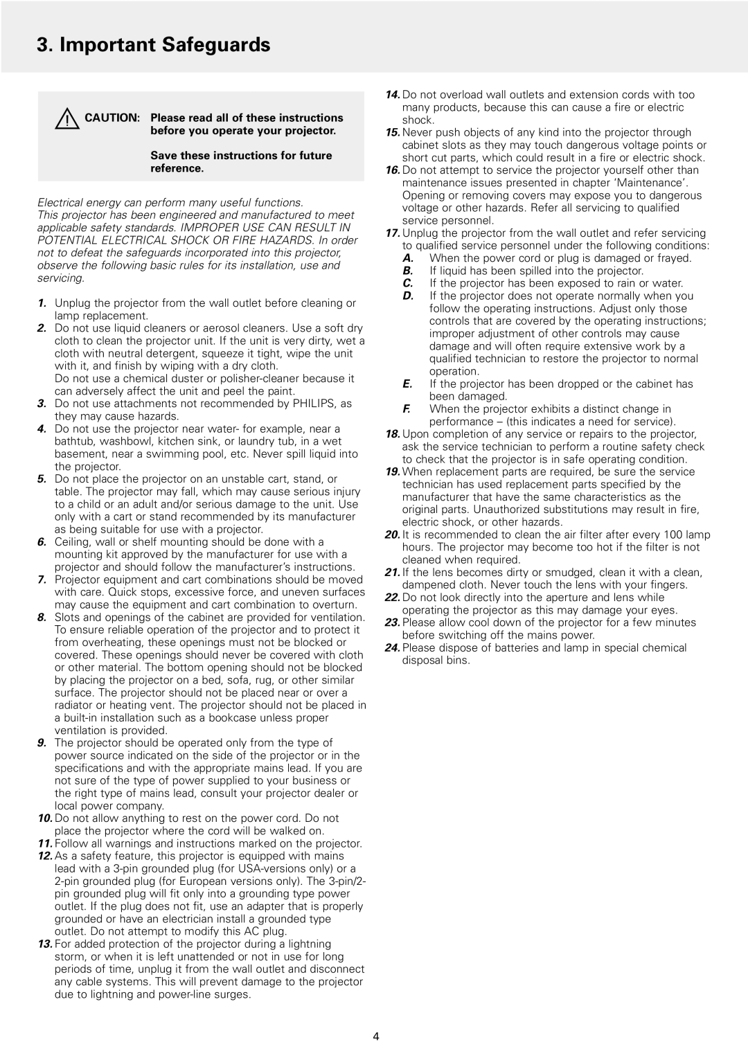 Philips 1 manual Important Safeguards 