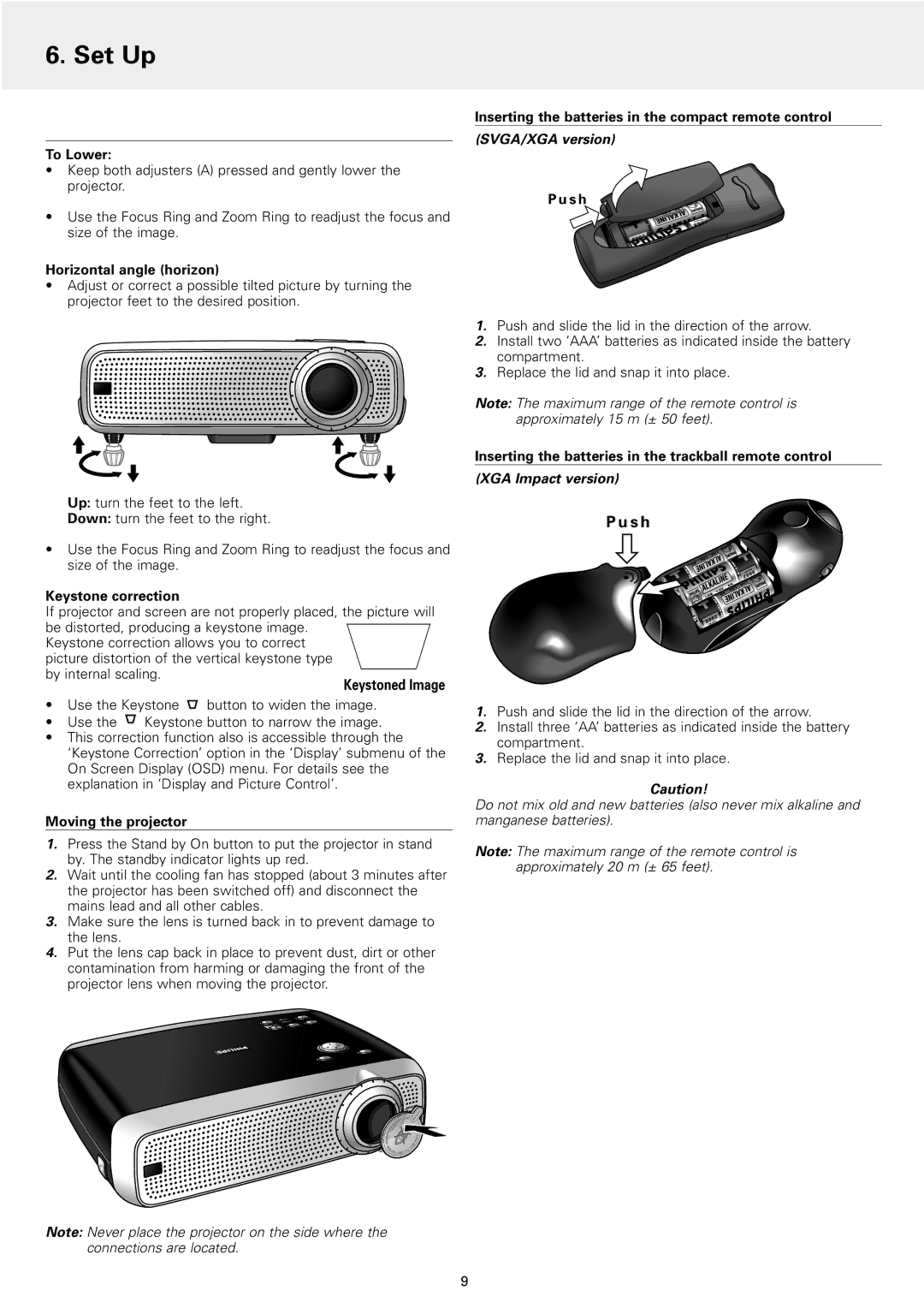 Philips 1 manual To Lower, Horizontal angle horizon, Moving the projector, XGA Impact version 