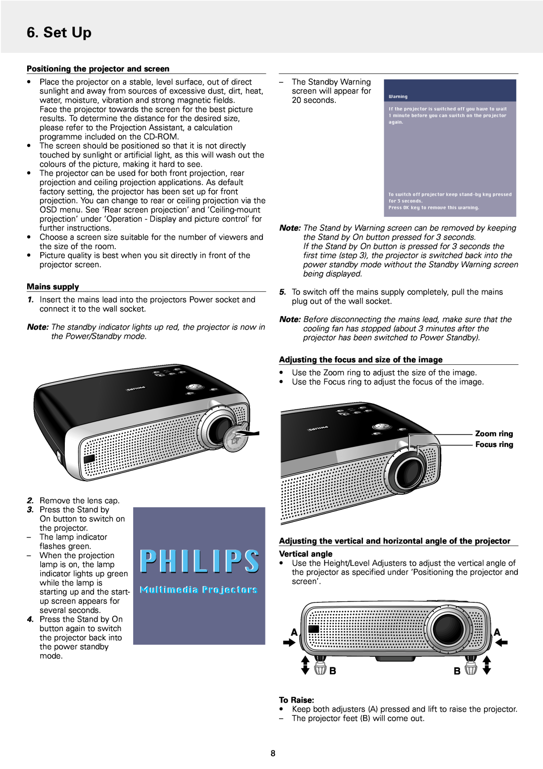 Philips 1 manual Set Up, Philips, Multimedia Projectors, Positioning the projector and screen, Mains supply, Vertical angle 