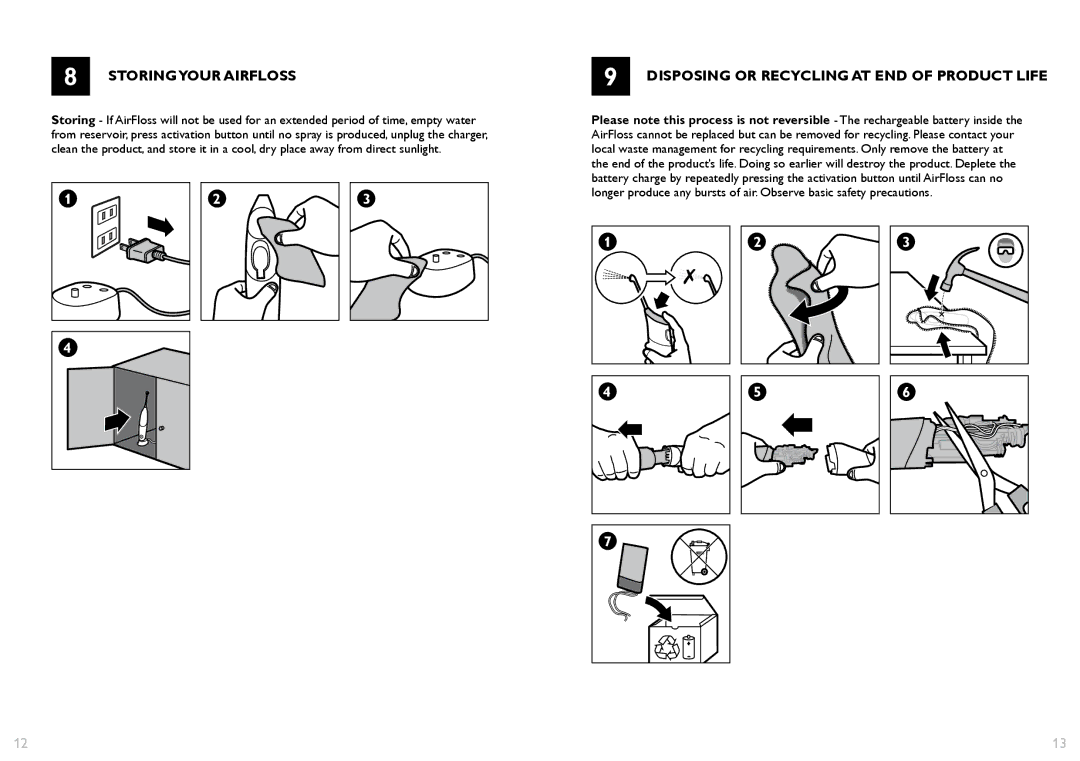 Philips 100 series manual Storingyour Airfloss, Disposing or Recycling AT END of Product Life 