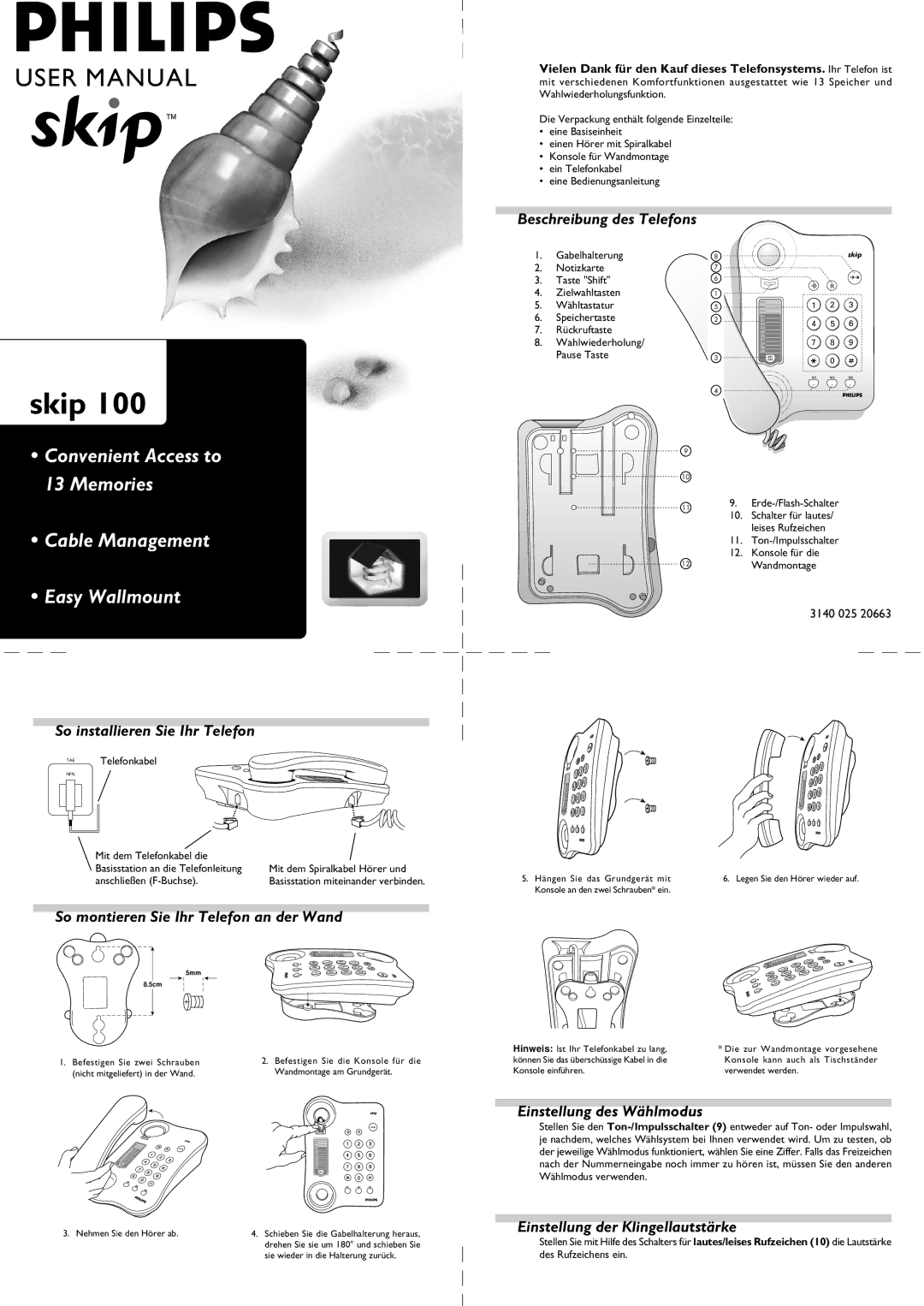 Philips 100 user manual So installieren Sie Ihr Telefon, So montieren Sie Ihr Telefon an der Wand 