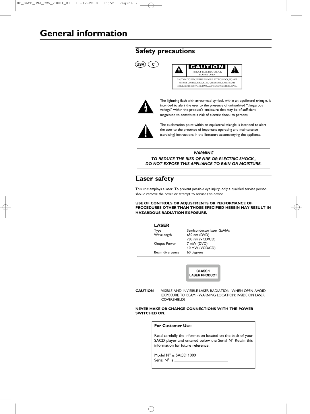 Philips 1000 manual General information, Usa C, Never Make or Change Connections with the Power Switched on 