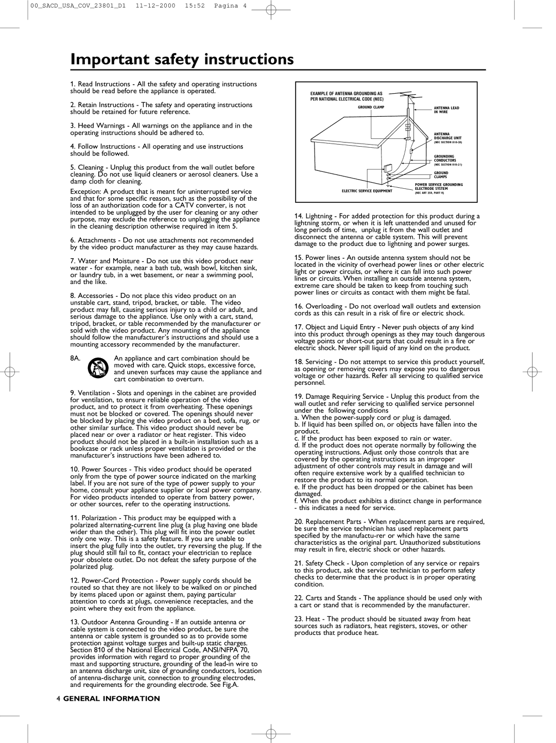 Philips 1000 manual Important safety instructions, General Information 