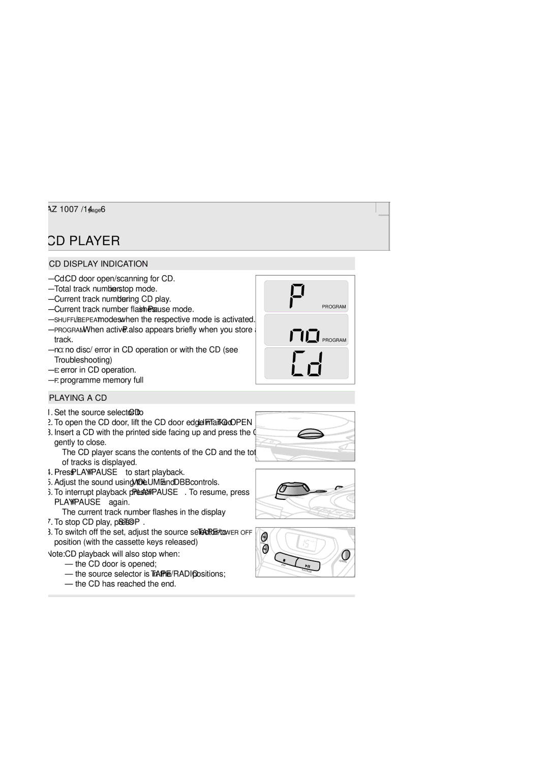 Philips 1005 manual CD Player, CD Display Indication, Playing a CD, Finding a passage within a track 