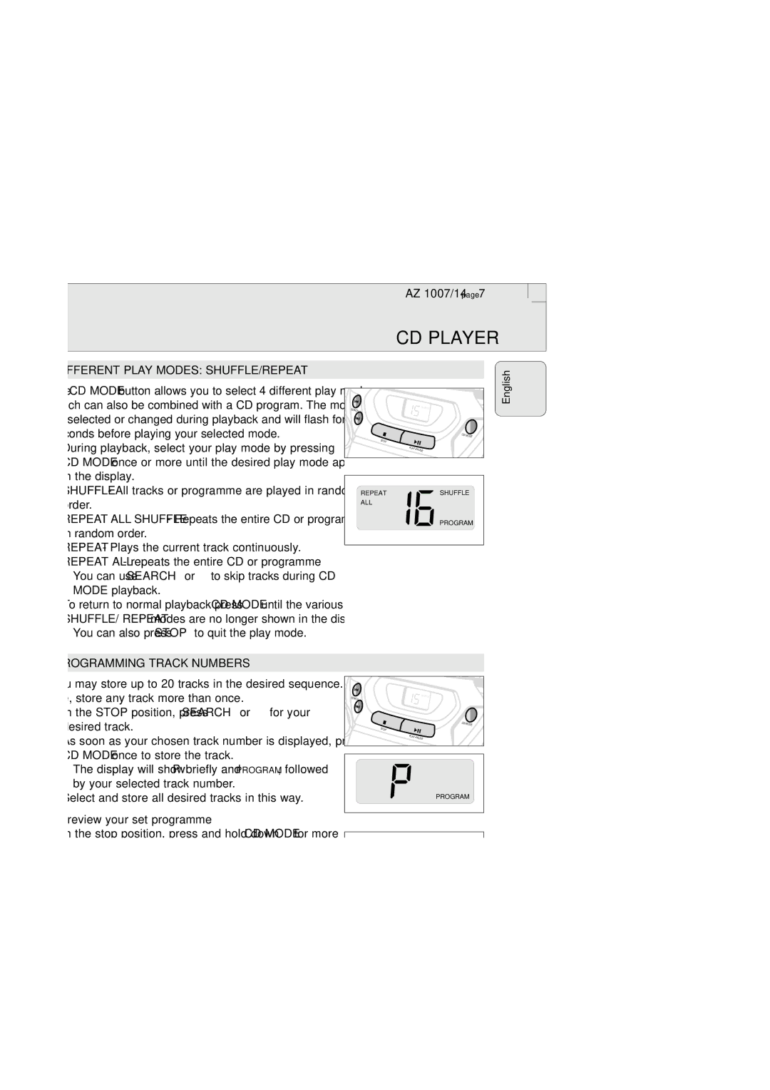 Philips 1005 manual Different Play Modes SHUFFLE/REPEAT, Programming Track Numbers, To review your set programme 