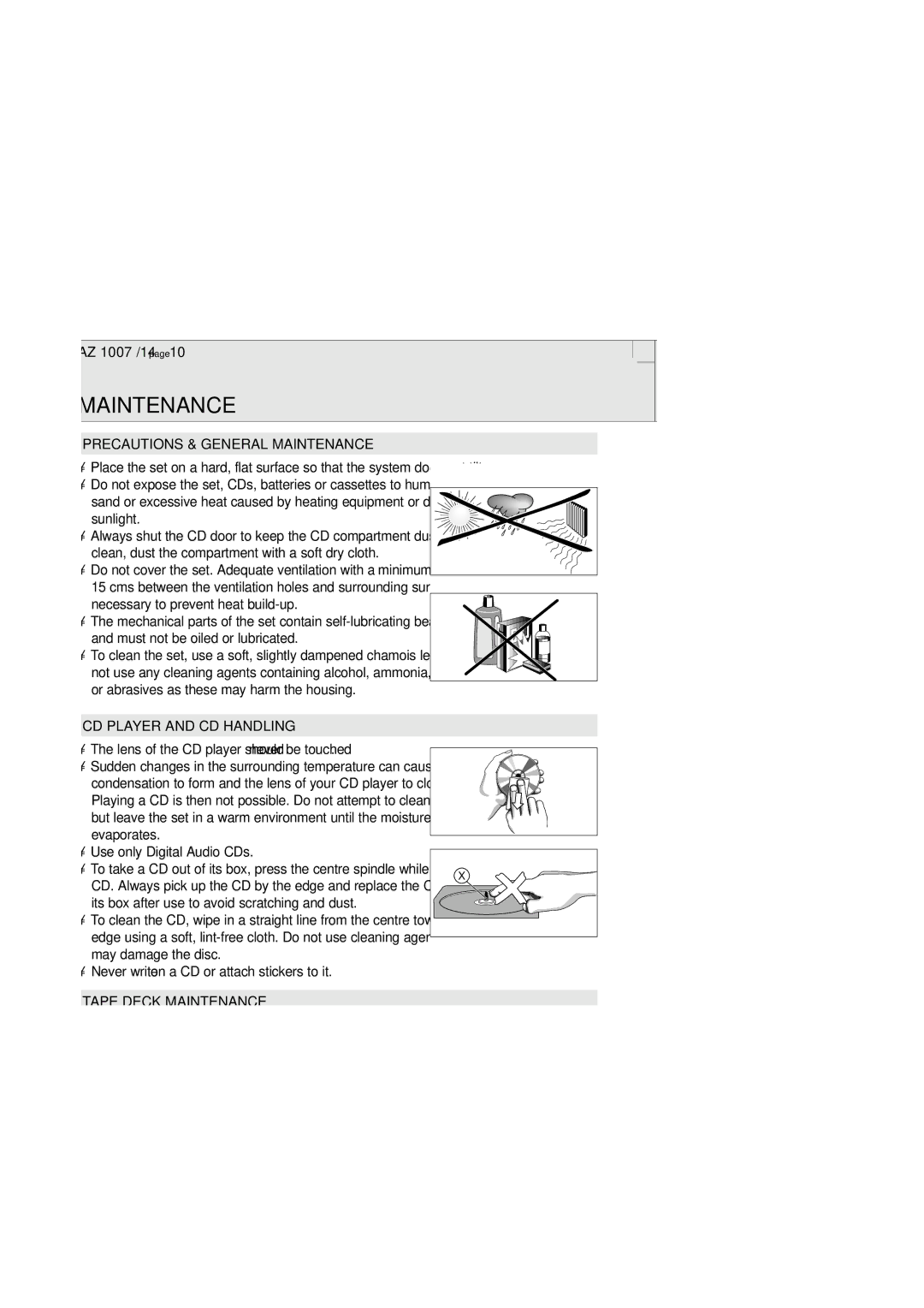 Philips 1005 manual Precautions & General Maintenance, CD Player and CD Handling, Tape Deck Maintenance 