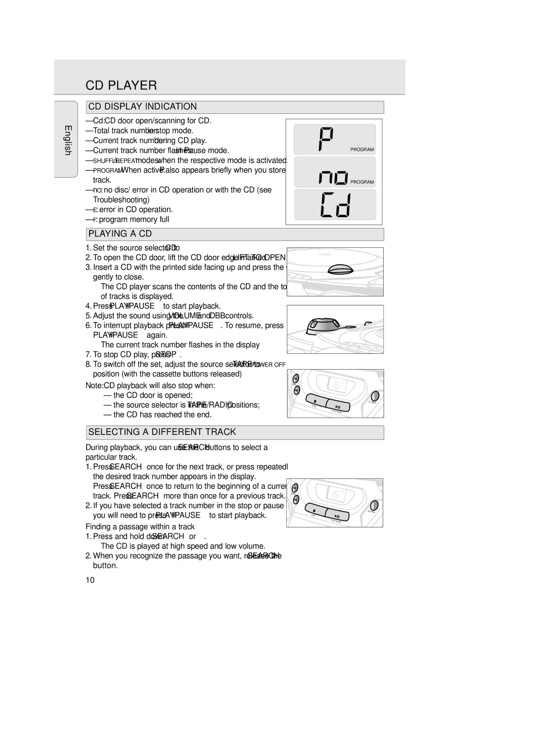 Philips 1007 CD Player, CD Display Indication, Playing a CD, Selecting a Different Track, Finding a passage within a track 