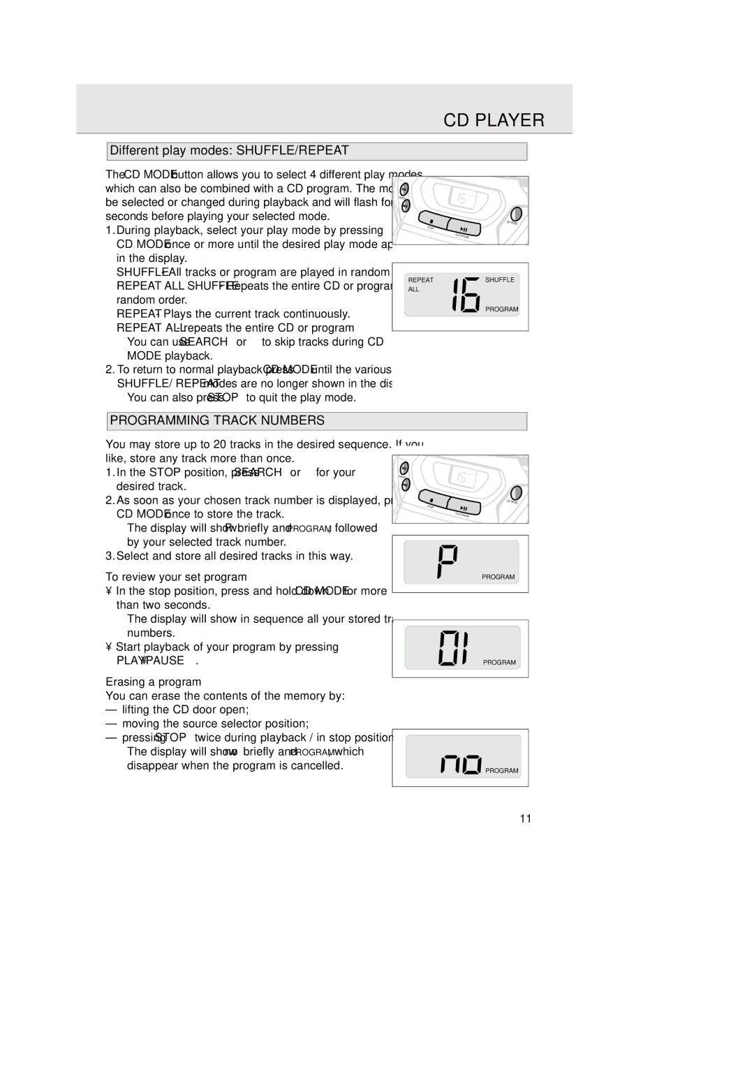 Philips 1007 Different play modes SHUFFLE/REPEAT, Programming Track Numbers, To review your set program, Erasing a program 