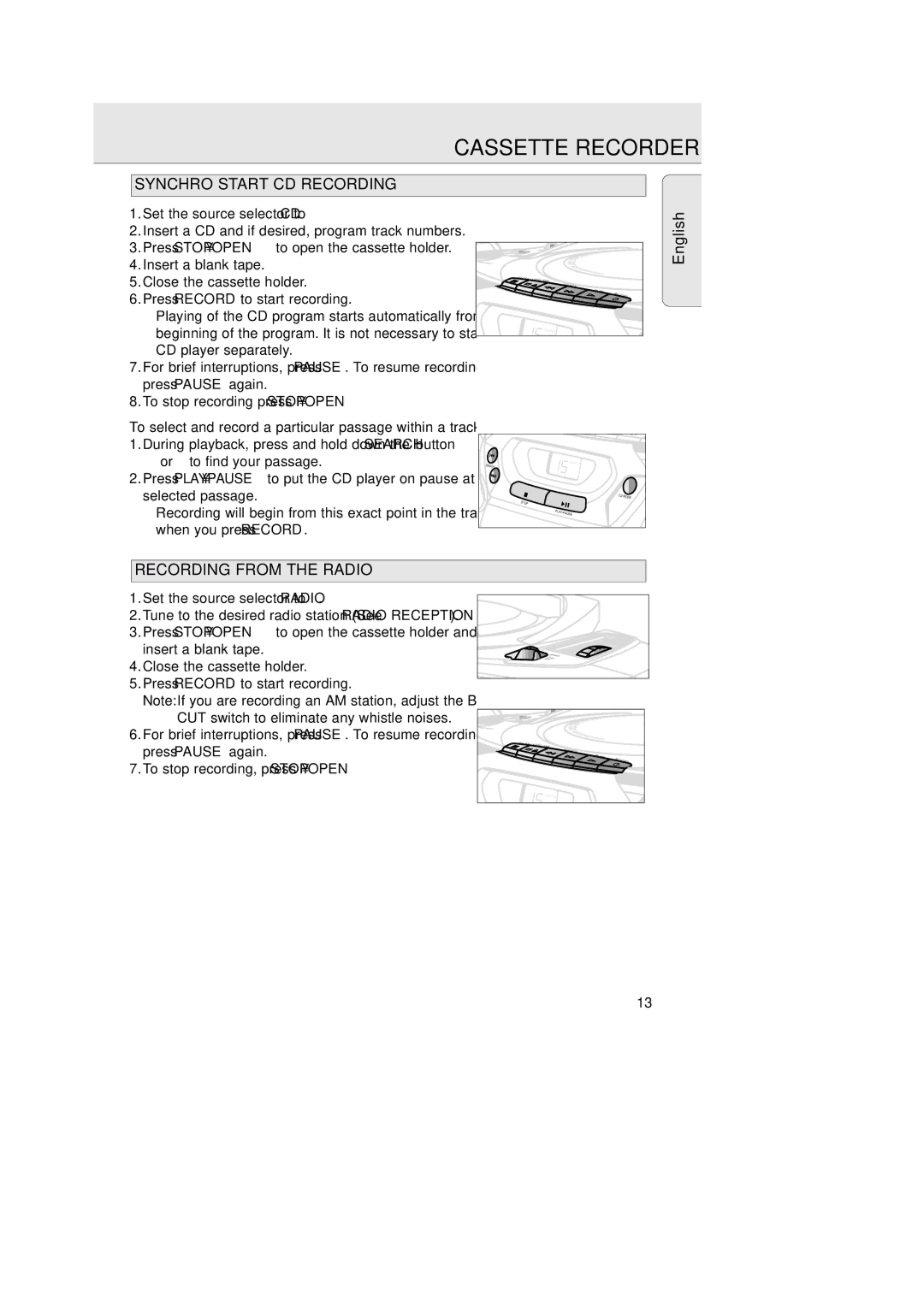 Philips 1007 manual Synchro Start CD Recording, Recording from the Radio, Set the source selector to Radio 