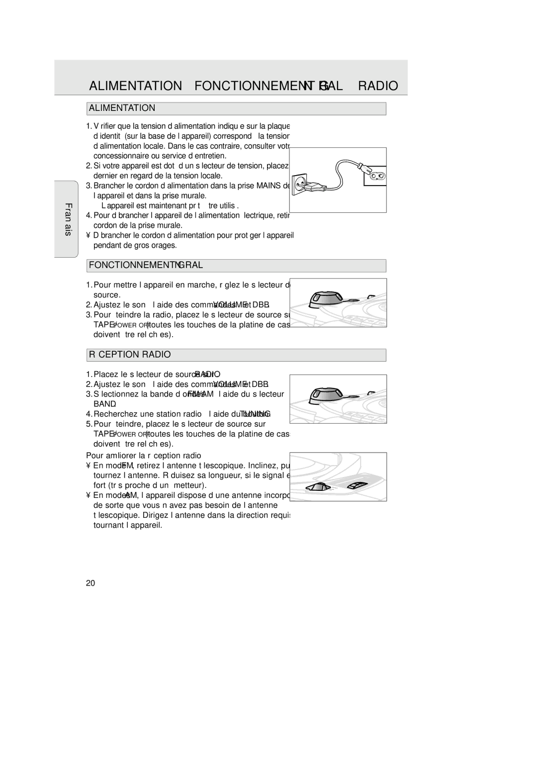 Philips 1007 manual Alimentation, Fonctionnement Général, Réception Radio, Pour améliorer la réception radio 