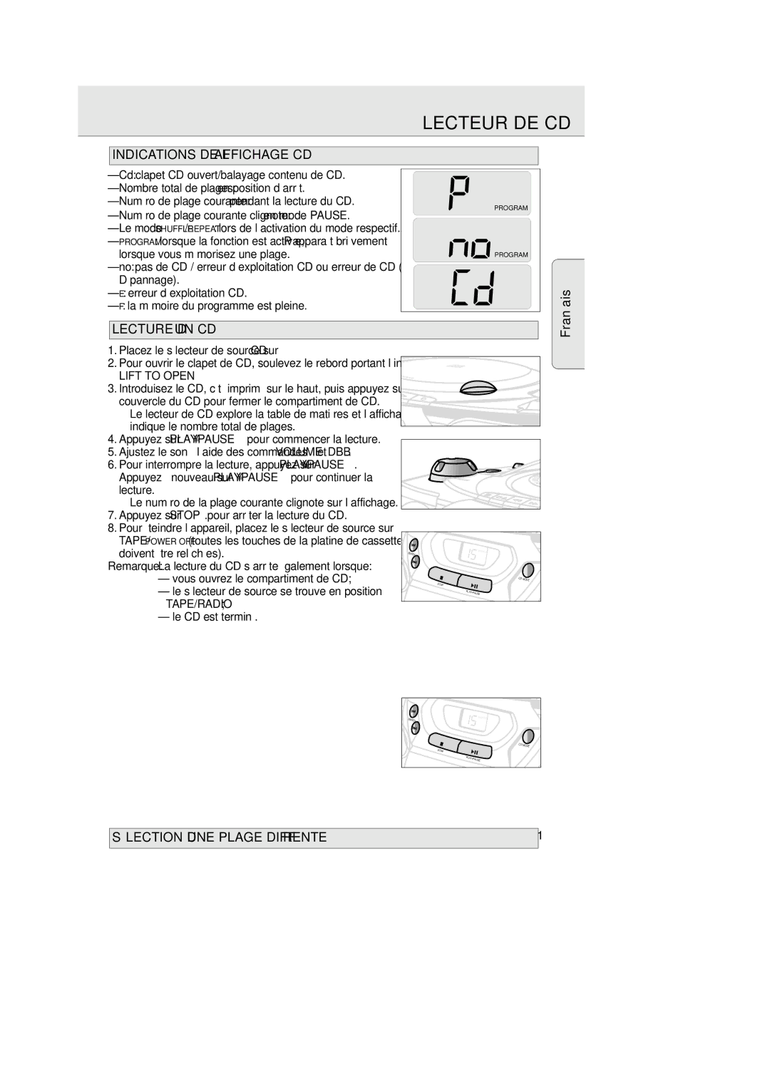 Philips 1007 Lecteur DE CD, Indications DE L’AFFICHAGE CD, Lecture D’UN CD, Fran aisç, Sélection D’UNE Plage Différente 