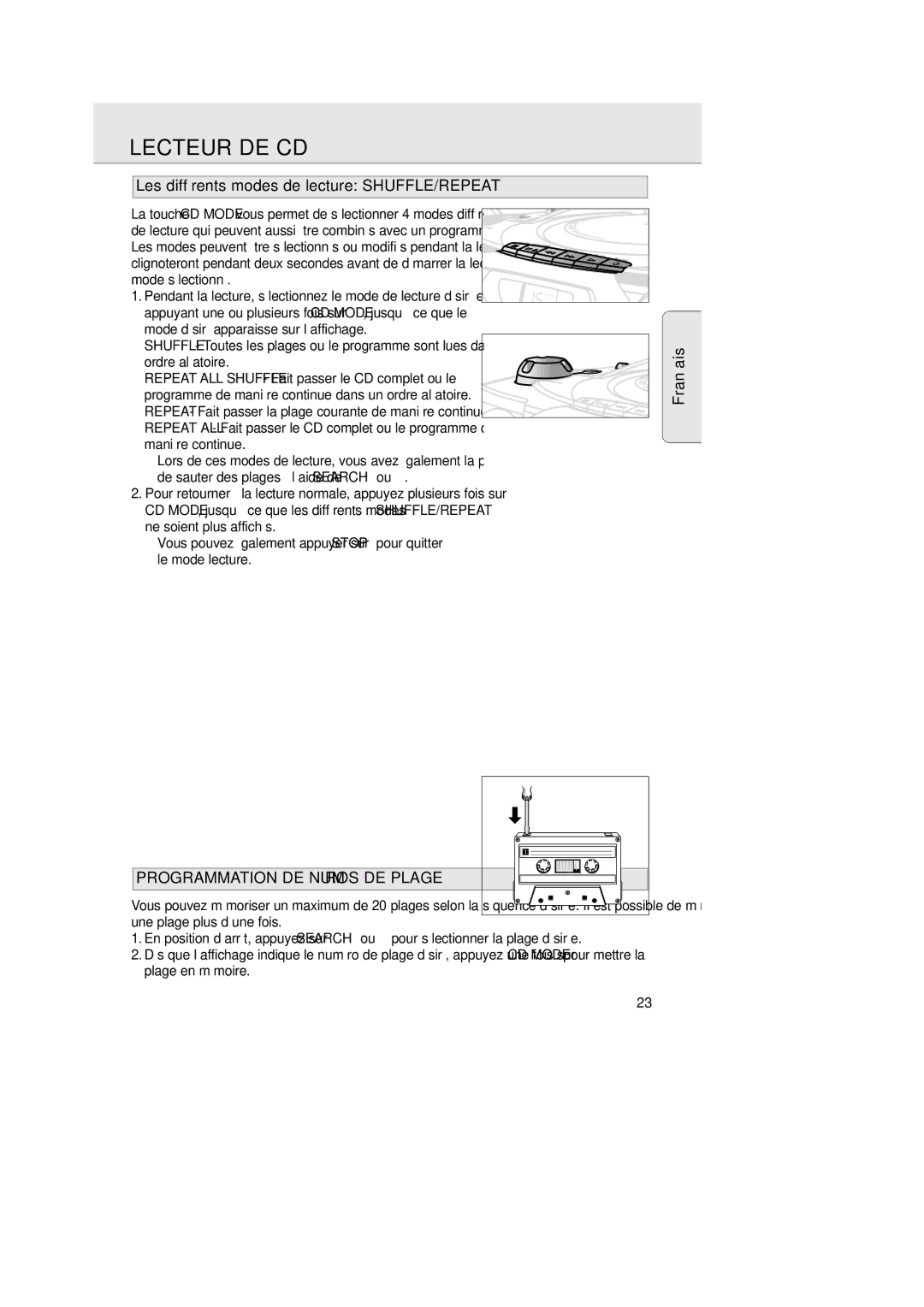 Philips 1007 manual Les différents modes de lecture SHUFFLE/REPEAT, Programmation DE Numéros DE Plage 