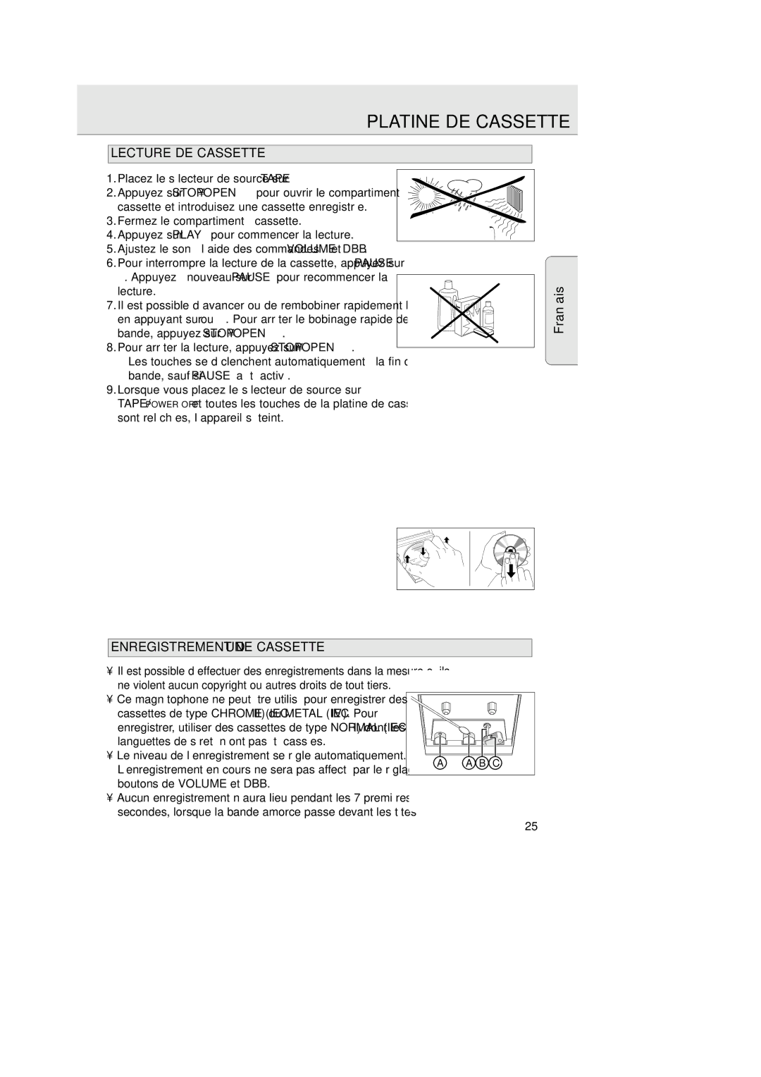 Philips 1007 manual Lecture DE Cassette, Enregistrement D’UNE Cassette, Placez le sélecteur de source sur Tape 