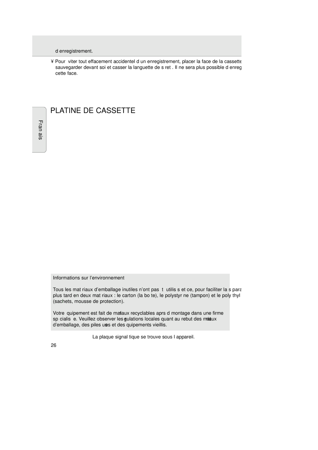 Philips 1007 manual Platine DE Cassette, Informations sur lenvironnement 