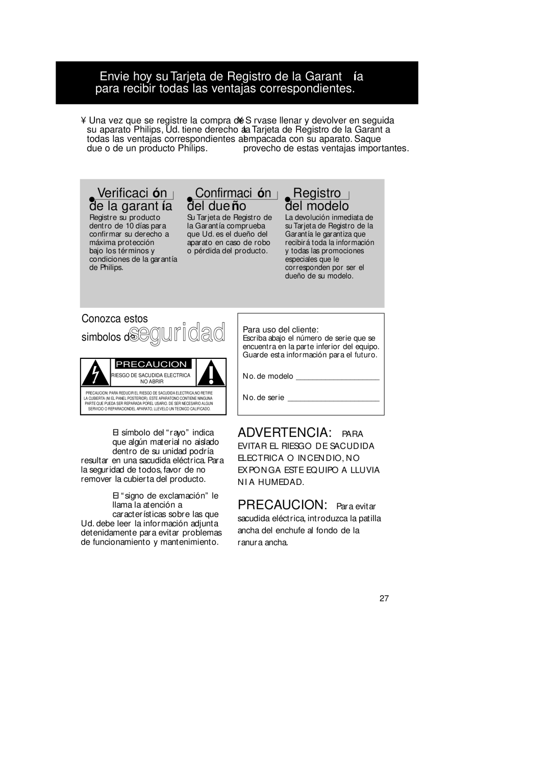 Philips 1007 manual Advertencia Para, Para uso del cliente, No. de modelo No. de serie 