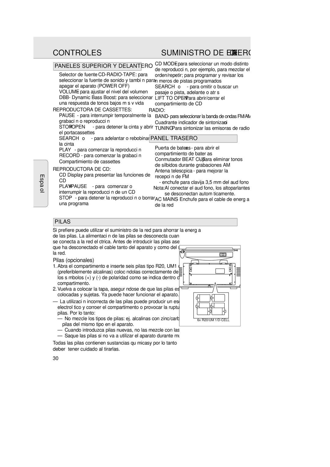 Philips 1007 manual Controles, Paneles Superior Y Delantero, Panel Trasero, Pilas opcionales 