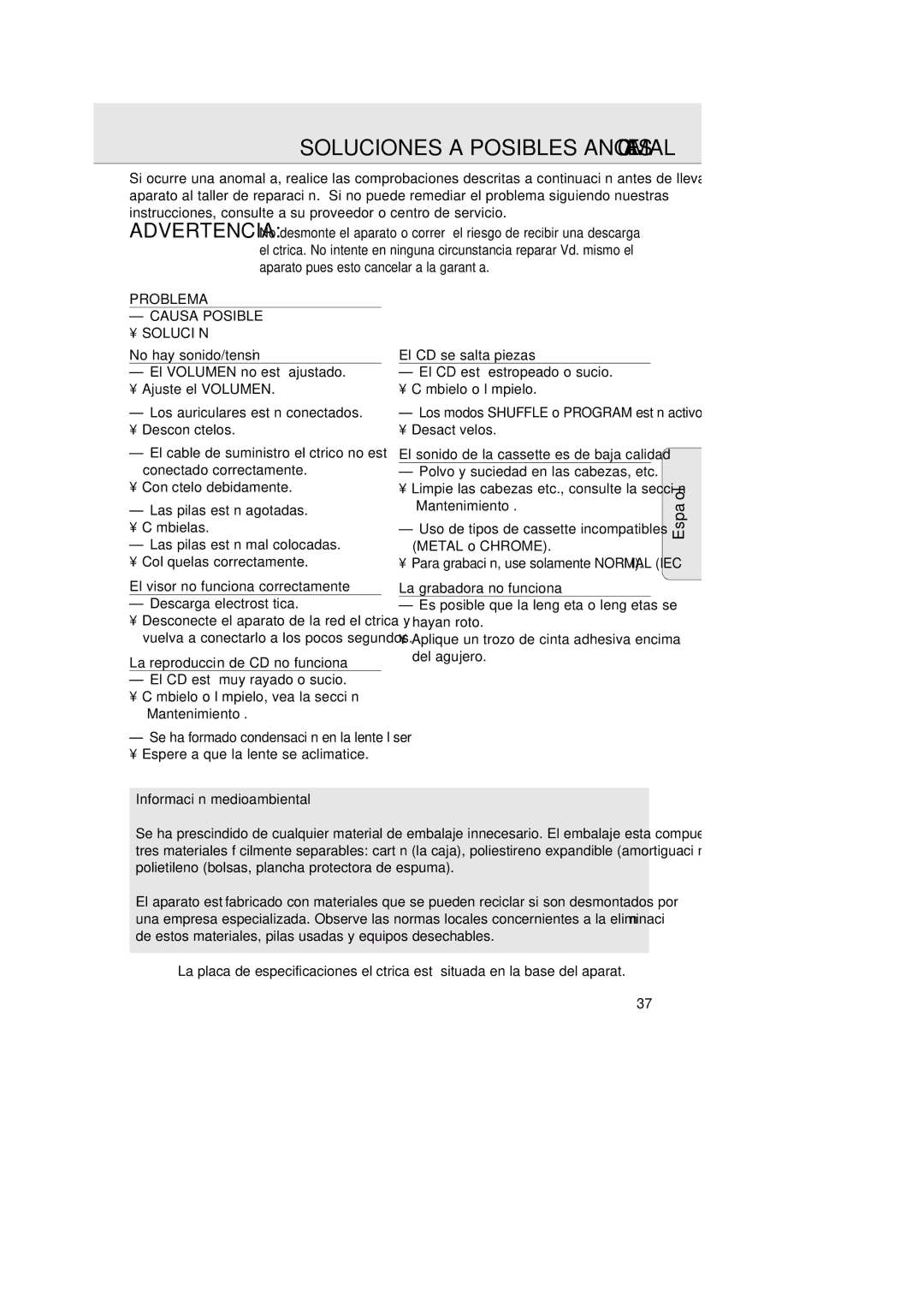 Philips 1007 manual Soluciones a Posibles Anomalías, Problema 