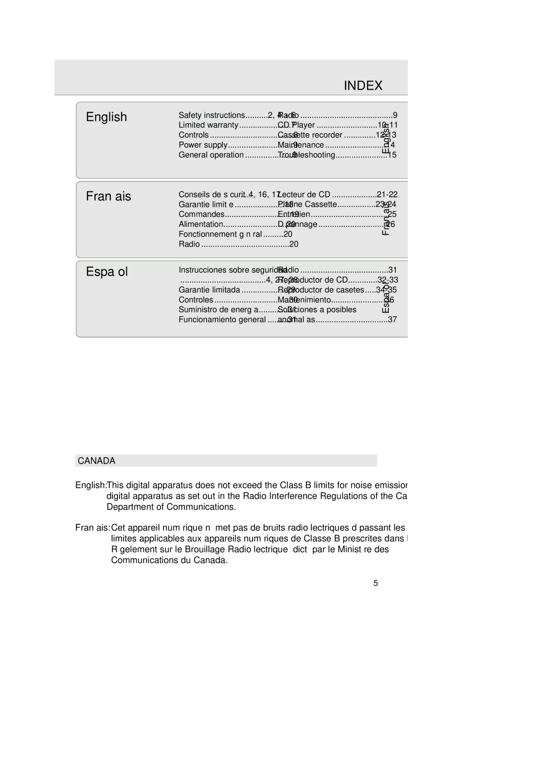 Philips 1007 manual Index, Canada, English Français Español 