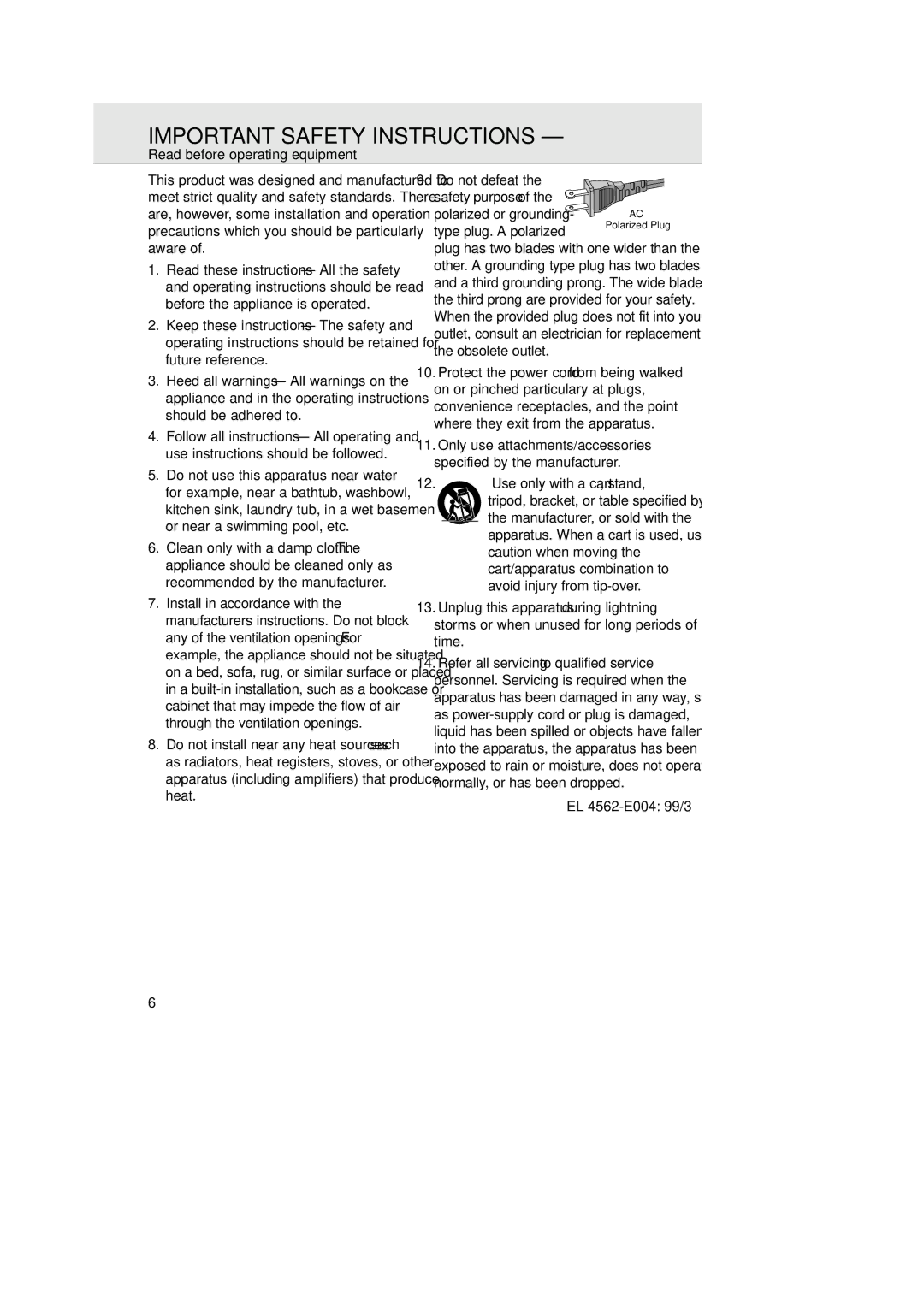 Philips 1007 Important Safety Instructions, Read before operating equipment, Type plug. a polarized, EL 4562-E004 99/3 