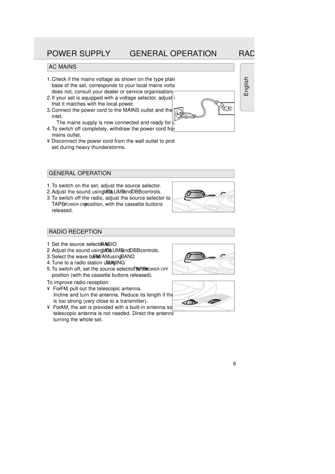 Philips 1007 manual Power Supply General Operation, AC Mains, Radio Reception, To improve radio reception 