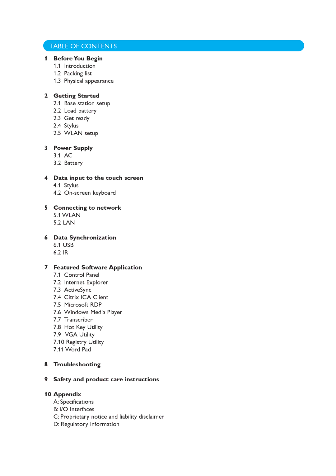 Philips 100WT10P manual Table of Contents 