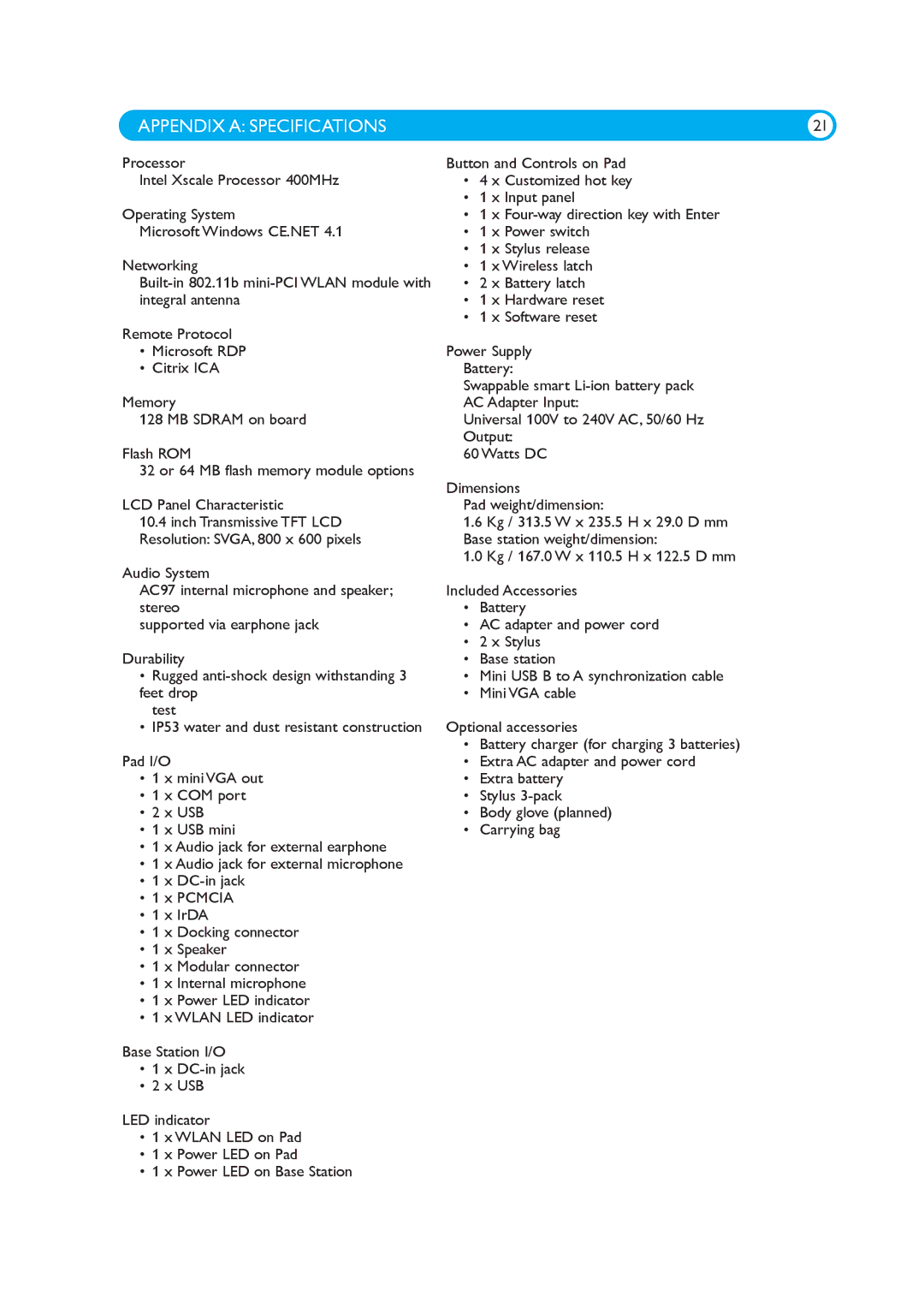 Philips 100WT10P manual Appendix a Specifications 